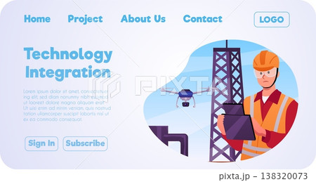 Technology integration vector flat landing page, UAV engineer drone operator using remote control on manufacture factory 138320073