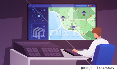 A room with a map and drones on a monitor, a desk, and a person at the controls. UAV. A room with a map and drones on a monitor, a desk, and a person at the controls. UAV. 138320085