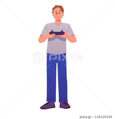 Man operating joystick quadcopter, vector drone operator using UAV remote control, unmanned aerial vehicle technology 138320104