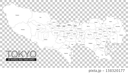東京都の地図 23区・多摩地区分け 市区町村名付き (英語) 138320177