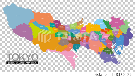 Map of Tokyo: Divided into 23 wards and Tama area, with city/ward/town/village names (English) 138320179
