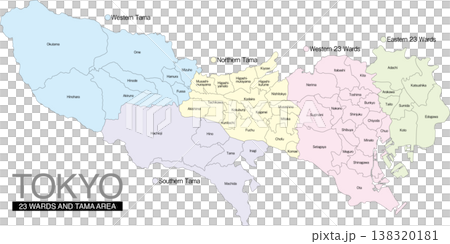 東京都のエリア分け地図 23区・多摩地区分け 市区町村名付き (英語) 138320181