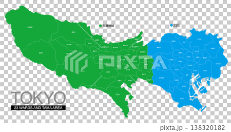 Map of Tokyo: Divided into 23 wards and Tama area, with names of cities, towns, and villages. 138320182