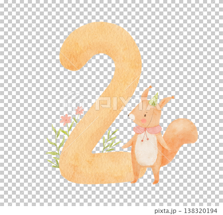 Cute squirrel with number 2 and flowers, watercolour animal illustration for second birthday celebration and greeting design 138320194