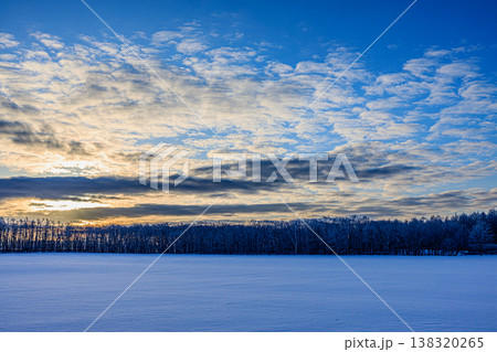 朝焼けの空と広がる雪原が美しい冬の静かな風景 138320265