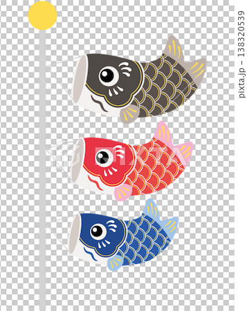 ポール付きの跳ねるかわいい鯉のぼりのイラスト（黒・赤・青） 138320539