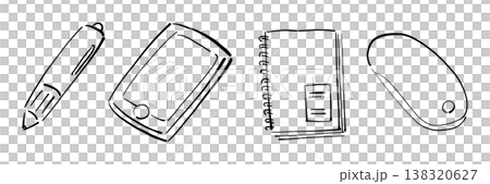Freehand vector illustrations of a pen, smartphone, notepad, and mouse. 138320627