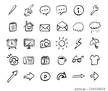 筆記用具,指差し,セリフ,メモ,家,電話,カメラ,PC等のフリーハンドイラスト 筆記用具,指差し,セリフ,メモ,家,電話,カメラ,PC等のフリーハンドイラスト 138320628
