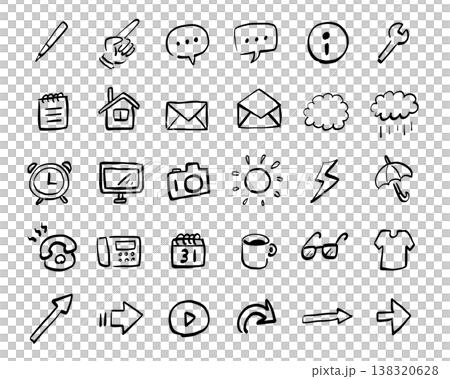筆記用具,指差し,セリフ,メモ,家,電話,カメラ,PC等のフリーハンドイラスト 筆記用具,指差し,セリフ,メモ,家,電話,カメラ,PC等のフリーハンドイラスト 138320628