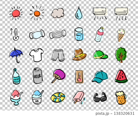 Summer-related doodles and illustrations, such as the sun and shaved ice. 138320631