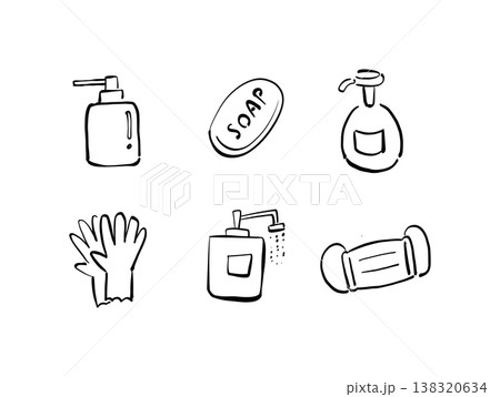 消毒,手洗い,マスク等の手書きイラストセット 138320634