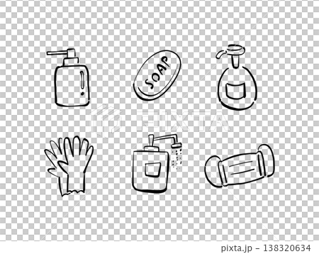 A set of hand-drawn illustrations for disinfection, hand washing, masks, etc. 138320634