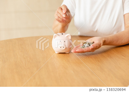Saving money investment for future. Senior adult mature woman hands putting money coin in piggy bank. Old grandmother counting saving money planning retirement budget. Investment banking concept 138320694