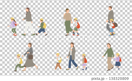 一組描繪父母和孩子去托兒所或幼兒園的插圖。 138320809