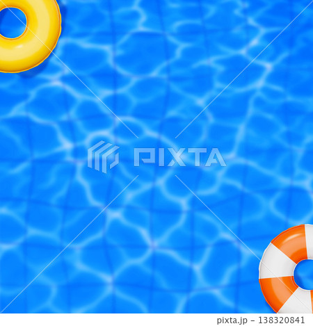Top View Swimming Pool Water Ripple Background with Inflatable Tubes and Copy Space for Summer 138320841