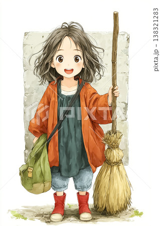 美優シリーズ：ほうきを持ったかわいい魔法使い風の女の子のイラスト素材 138321283