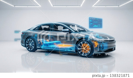 次世代電気自動車（EV）の内部構造を可視化したデジタルツインとモビリティDXの図解 138321871