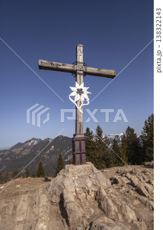 Summit cross at Heuberg mountain tour in springtime 138322143