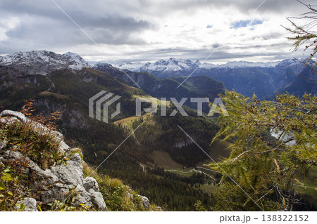 Panoramic view from Kehlstein mountain towards lake Konigssee, in autumn, Bavaria, Germany Panoramic view from Kehlstein mountain towards lake Konigssee, in autumn, Bavaria, Germany 138322152