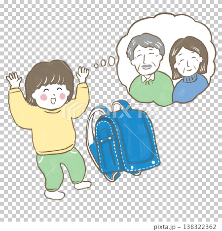 小男孩很高興地看到祖父母送給他的書包。 小男孩很高興地看到祖父母送給他的書包。 138322362