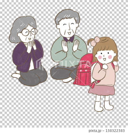 一個小女孩向她的祖父母展示她收到的粉紅色新書包，大家都非常高興。 138322383