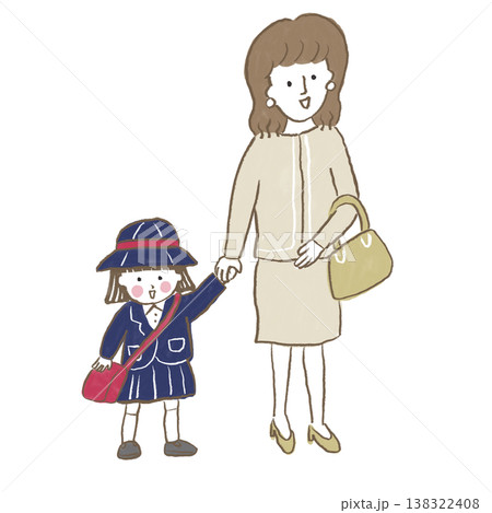 お母さんと小さい女の子が手を繋いで卒園式または入学式に向かう 138322408