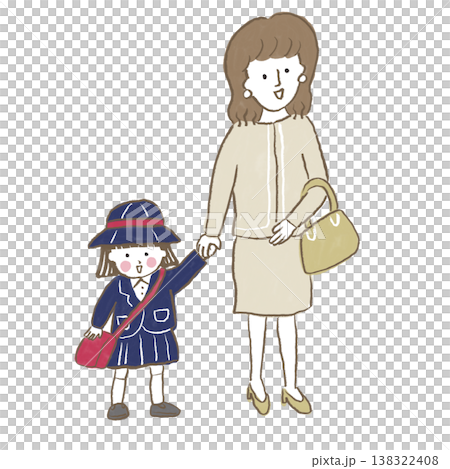 お母さんと小さい女の子が手を繋いで卒園式または入学式に向かう 138322408