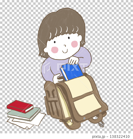 A child putting textbooks in their school bag. A child putting textbooks in their school bag. 138322410