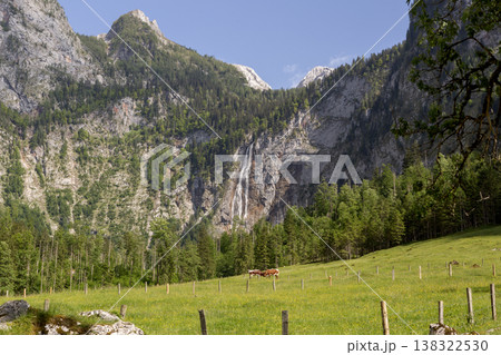 Rothbach waterfall at lake Obersee, lake Konigssee, in the Berchtesgaden Alps, Bavaria, Germany 138322530