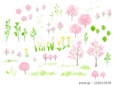 春の植物と桜の木のイラスト素材 水彩手描きイラストセット 春の植物と桜の木のイラスト素材 水彩手描きイラストセット 138322656