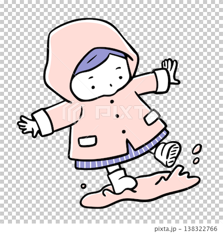 雨合羽を着て水たまりで遊ぶ女の子_単色 138322766