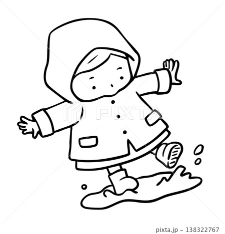 雨合羽を着て水たまりで遊ぶ女の子_線画 138322767