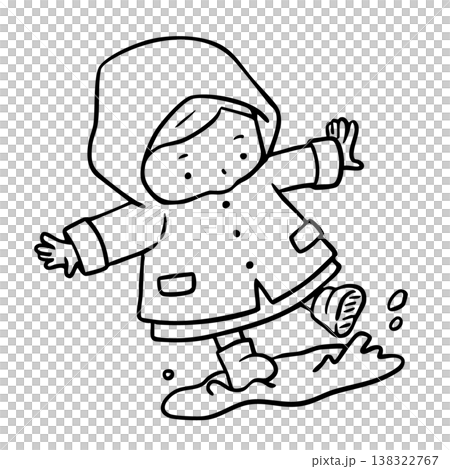 雨合羽を着て水たまりで遊ぶ女の子_線画 138322767