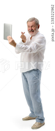 Senior man making heart gesture with fingers holding tablet Senior man making heart gesture with fingers holding tablet 138322962