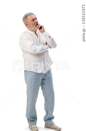 Senior man thinking with hand on chin isolated on white background 138322973