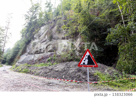 Warning sign: Caution - Falling Rocks 138323066