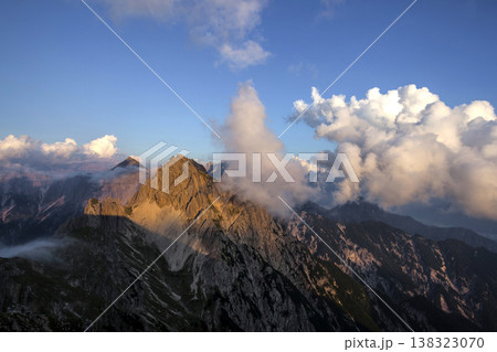 Panoramic view Freyungen mountains  from Nordlinger hut on Karwendel Hohenweg, Austria 138323070