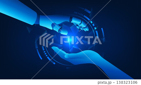 Digital twin technology background a robotic arm mirrored with a human hand, representing simulation, human-AI collaboration, smart automation, precision control, and advanced industrial innovation. Digital twin technology background a robotic arm mirrored with a human hand, representing simulation, human-AI collaboration, smart automation, precision control, and advanced industrial innovation. 138323106