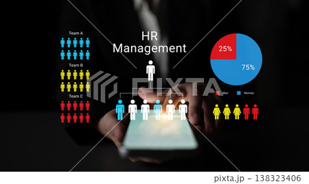 HR Management Visualization with Mobile Device and Team Representation Showing Gender Distribution in Professional Settings Ledger 138323406