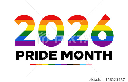 Pride Month 2026 typography logo, LGBT rainbow flag text 138323487