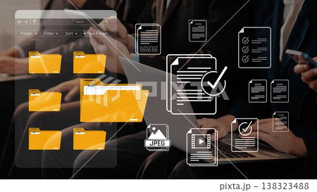 A digital workspace showcasing folders and documents on a laptop, symbolizing organization and productivity in today modern office setting. Ideal for business themes. Sigmoid 138323488