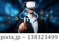 Business Professional Using Virtual Reality Technology to Visualize CO2 Emissions and Environmental Sustainability Solutions in a Digital Space. Raster 138323499