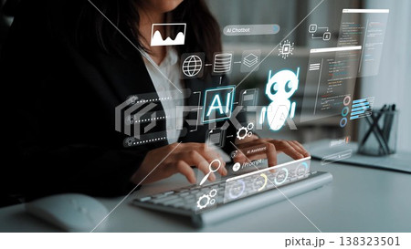 Businesswoman Interacting with Futuristic AI Technology in Modern Office Environment Showcasing Innovative Digital Solutions for Productivity and Efficiency Gluon 138323501