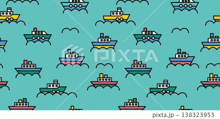 かわいい船と波の連続模様イラスト かわいい船と波の連続模様イラスト 138323953