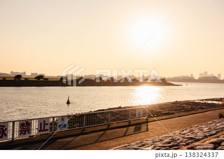 夕日に輝く葛西臨海公園の水辺風景と東京湾のサンセット 夕日に輝く葛西臨海公園の水辺風景と東京湾のサンセット 138324337