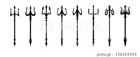 Devil trident. Poseidon fork. Hell demon spear or Satan weapon. Mythology silhouette pike. Fantasy harpoon. Black myth symbol. Ancient lance. Neptune pitchfork. Vector graphic icons set 138324350