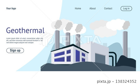 Power plant landing page. Geothermal station. Electricity generation. Renewable energy of water. Website design template. Alternative resource. Hydropower turbines. Vector background 138324352