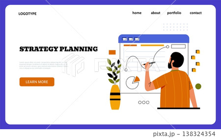 Business management landing page. Strategy planning. Project diagram. Website design template. Businessman with planner infographic. Professional manager at whiteboard. Vector background 138324354