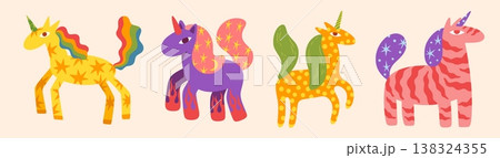 Cute unicorns. Kid star animals, children magic rainbow or baby pegasus character. Fairy girl fun print. playful fantasy mammals with patterned body. Vector cartoon isolated illustration 138324355