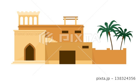 Desert heritage. Arabian building. Ancient house with fence and palms. Islamic homes. Traditional Moroccan architecture. Residential mansion facade. Arabic city landscape vector element 138324356